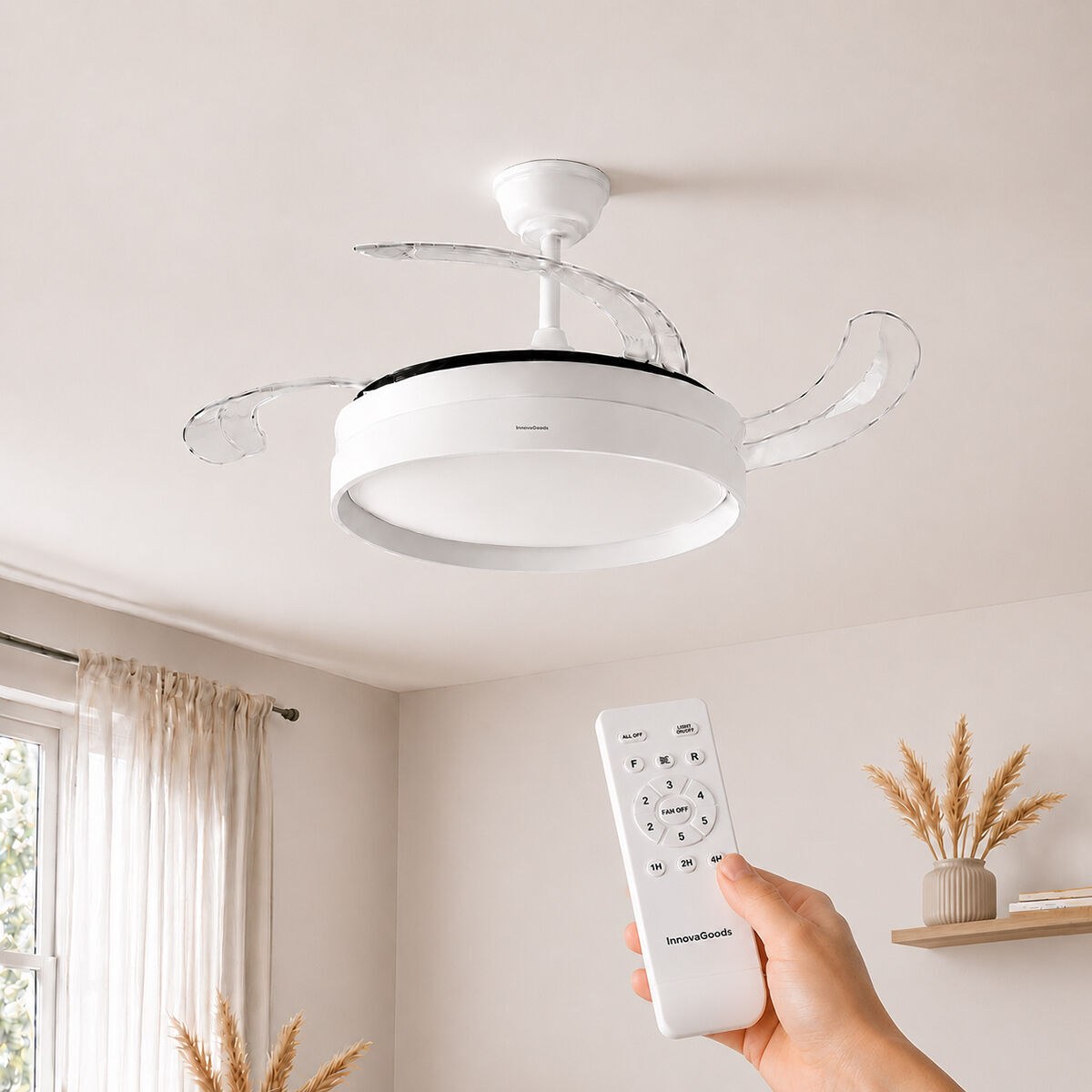 Ceiling Fan with Light Silent, Retractable Blades, 6 Speeds, 3 Modes, Remote