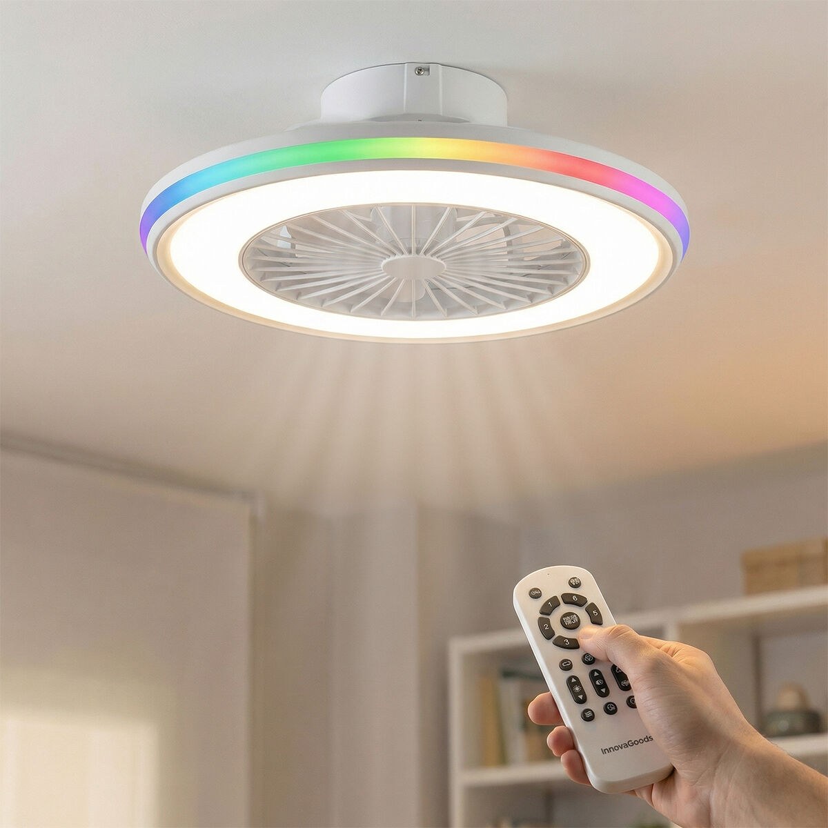 Потолочный вентилятор с RGB LED-подсветкой, скрытыми лопастями и пультом дистанционного управления Nexory