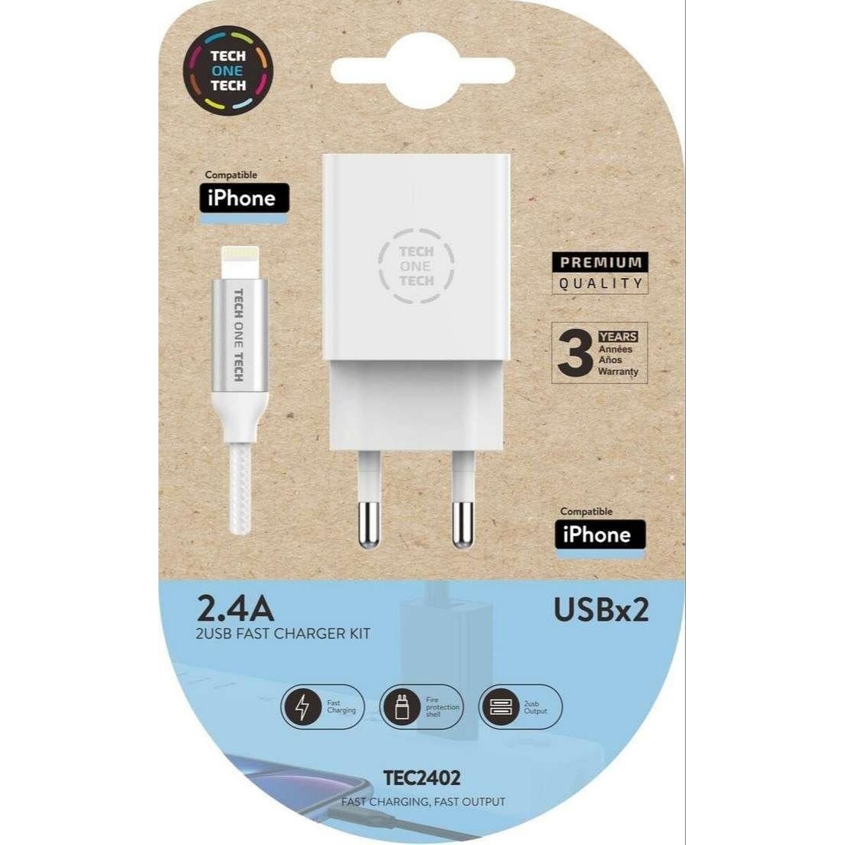 Wall Charger + MFI Certified Lightning Cable TEC2402 White Double Lightning