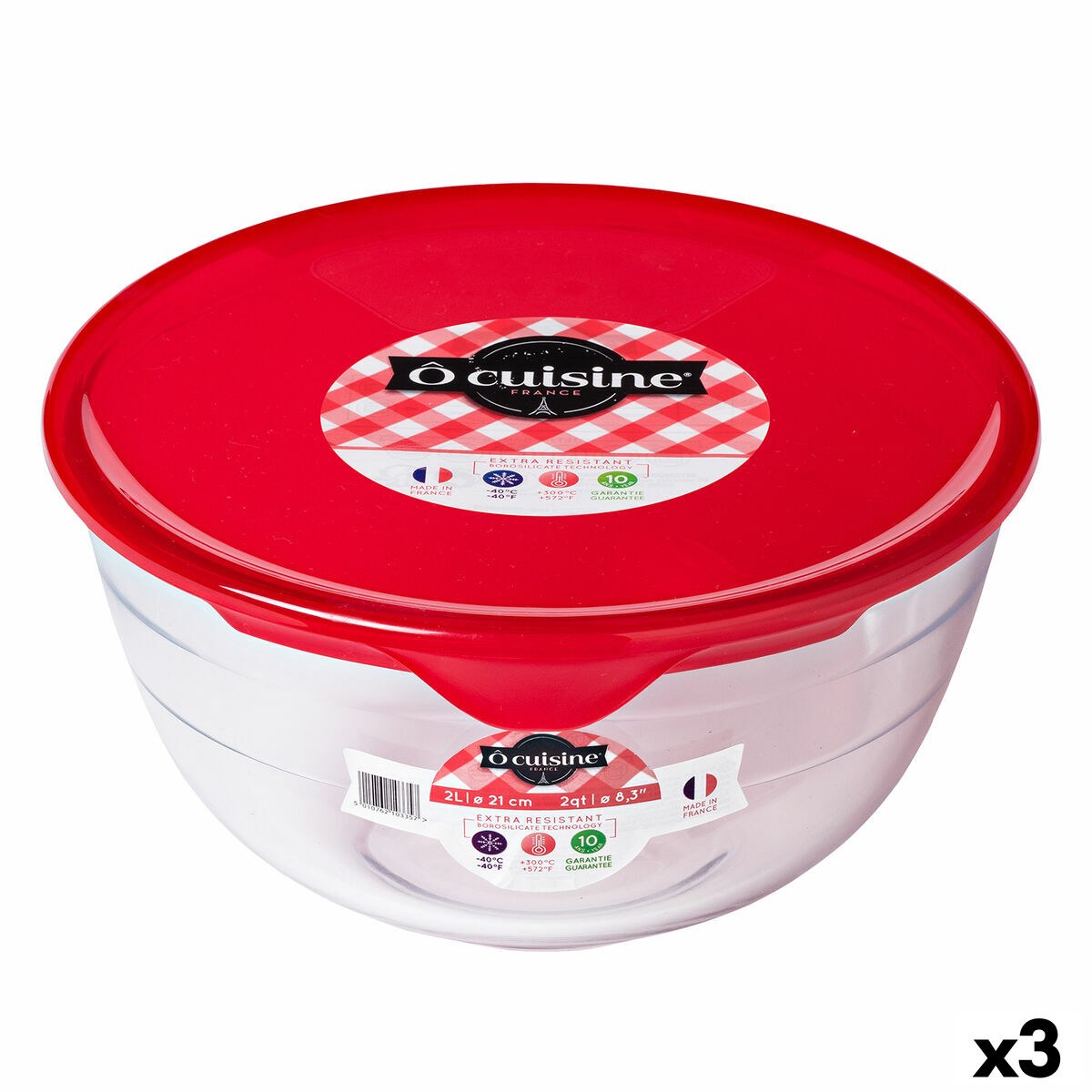 Круглая коробочка для завтраков с крышкой Prep&store Ocu Красный 1 L 17 x 17 x 9 cm Cтекло (3 штук)