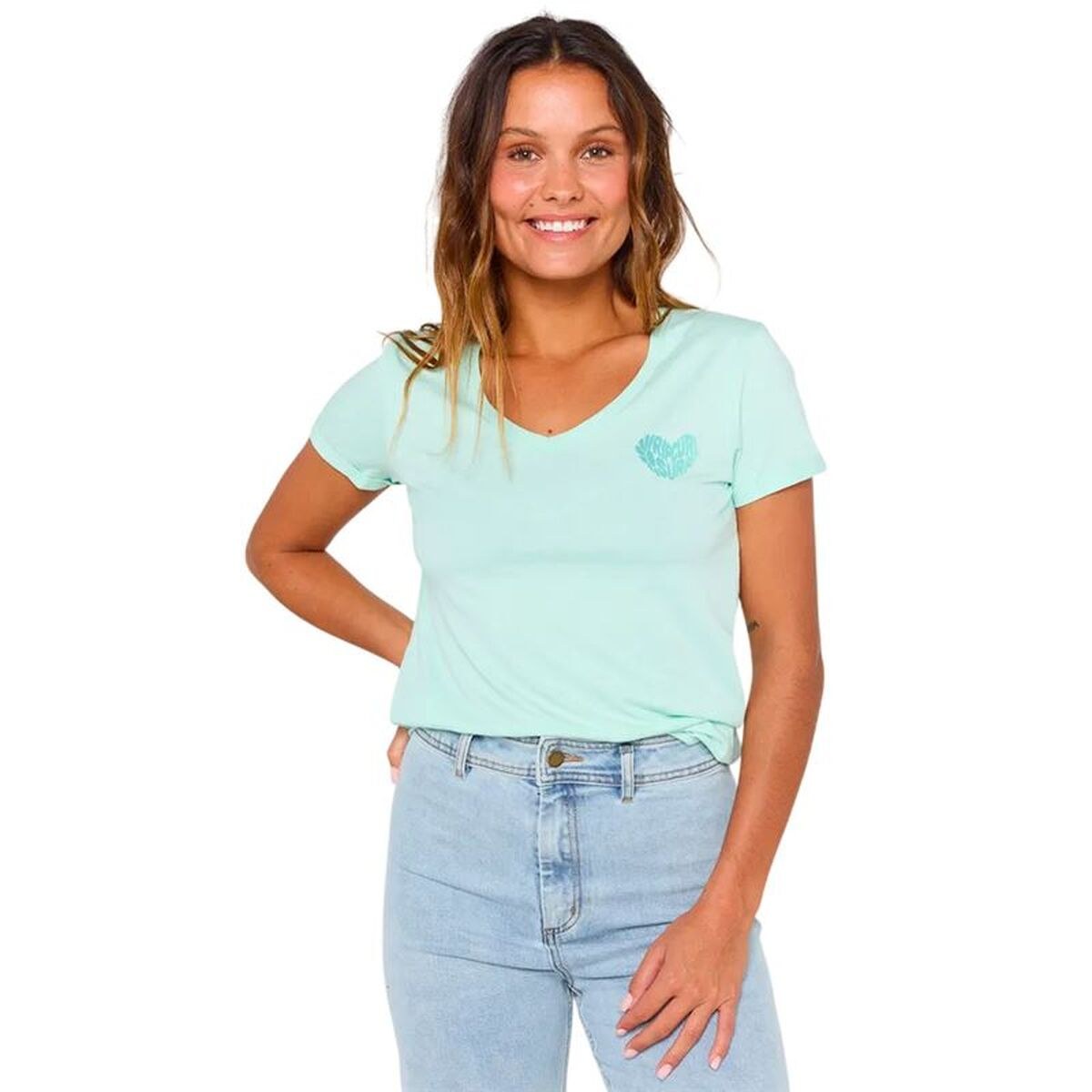 Women’s Short Sleeve T-Shirt Heart V Neck Tee Sky blue