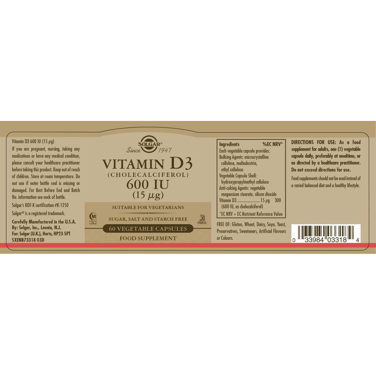 Vitamin D3 (Cholecalciferol) 600 iu 60 Capsules