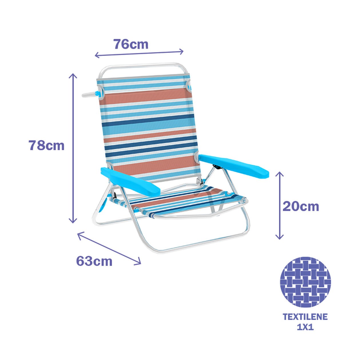 Folding Chair 5 Positions Aluminum Orange Blue Stripes Beach Pool 63X76X78 cm