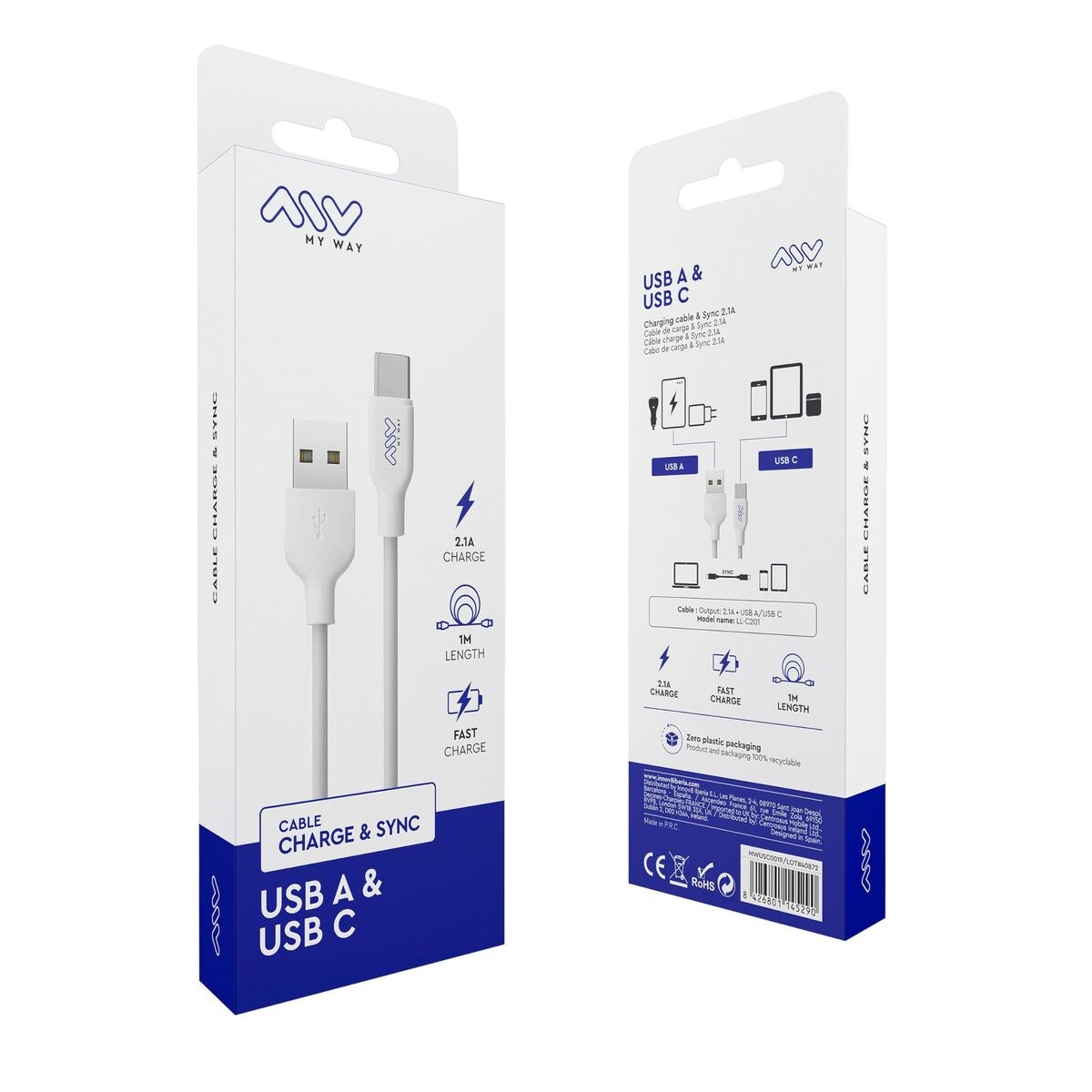 USB A to USB-C Cable White Black 1 m