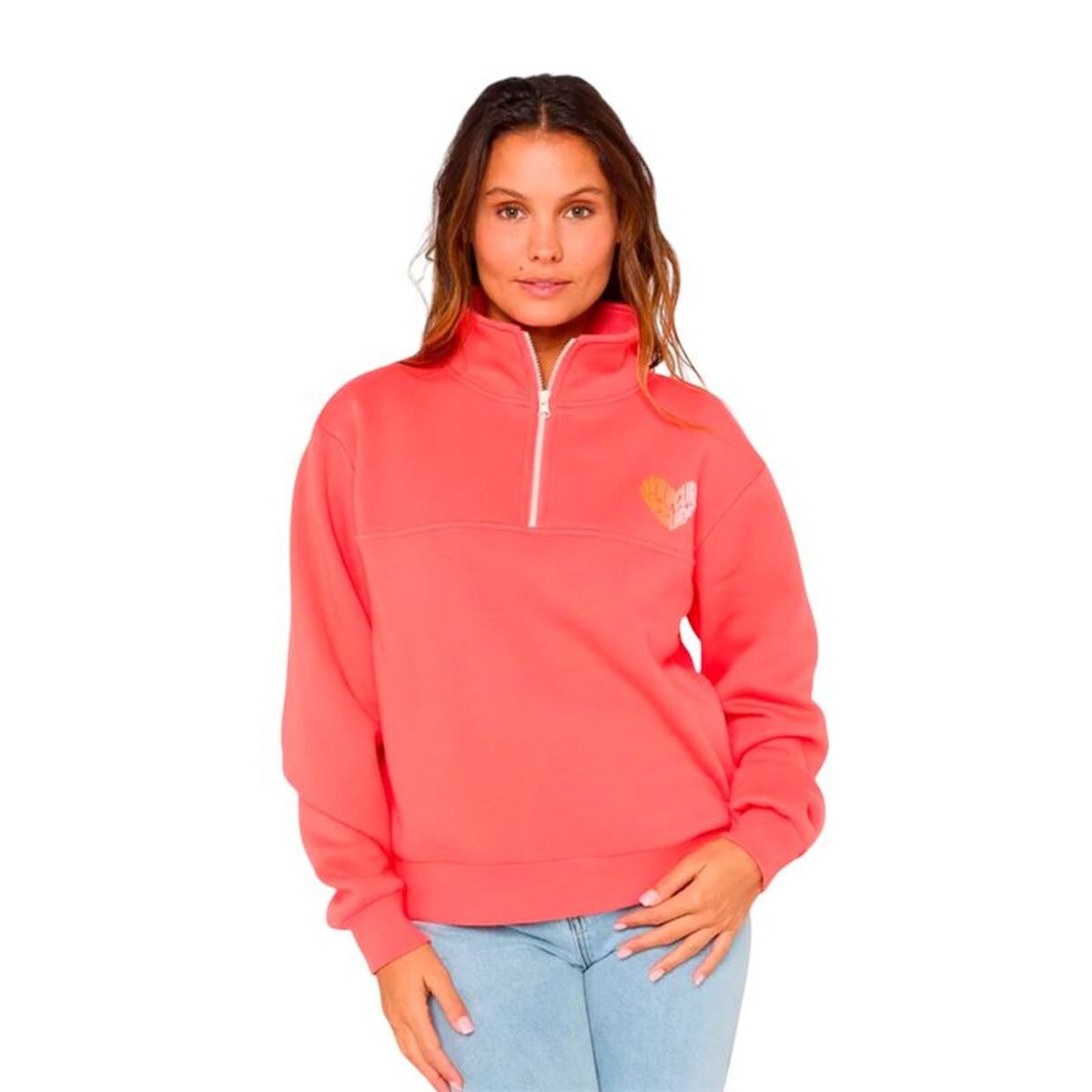 Women’s Sweatshirt without Hood Half Zip Fleece Coral